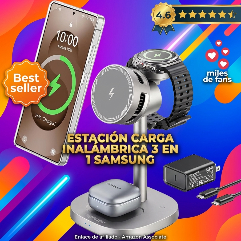 Cargador Inalámbrico Samsung S26, 3 En 1 Estación de Carga Samsung para Galaxy S25/S24/S23/Z Flip 7/Fold 6, Cargador Magnetico Samsung para Galaxy Watch Ultra/8/7, Galaxy Buds 4pro