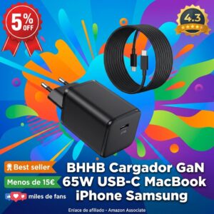 Cargador GaN 65W USB-C para MacBook, iPhone y Samsung