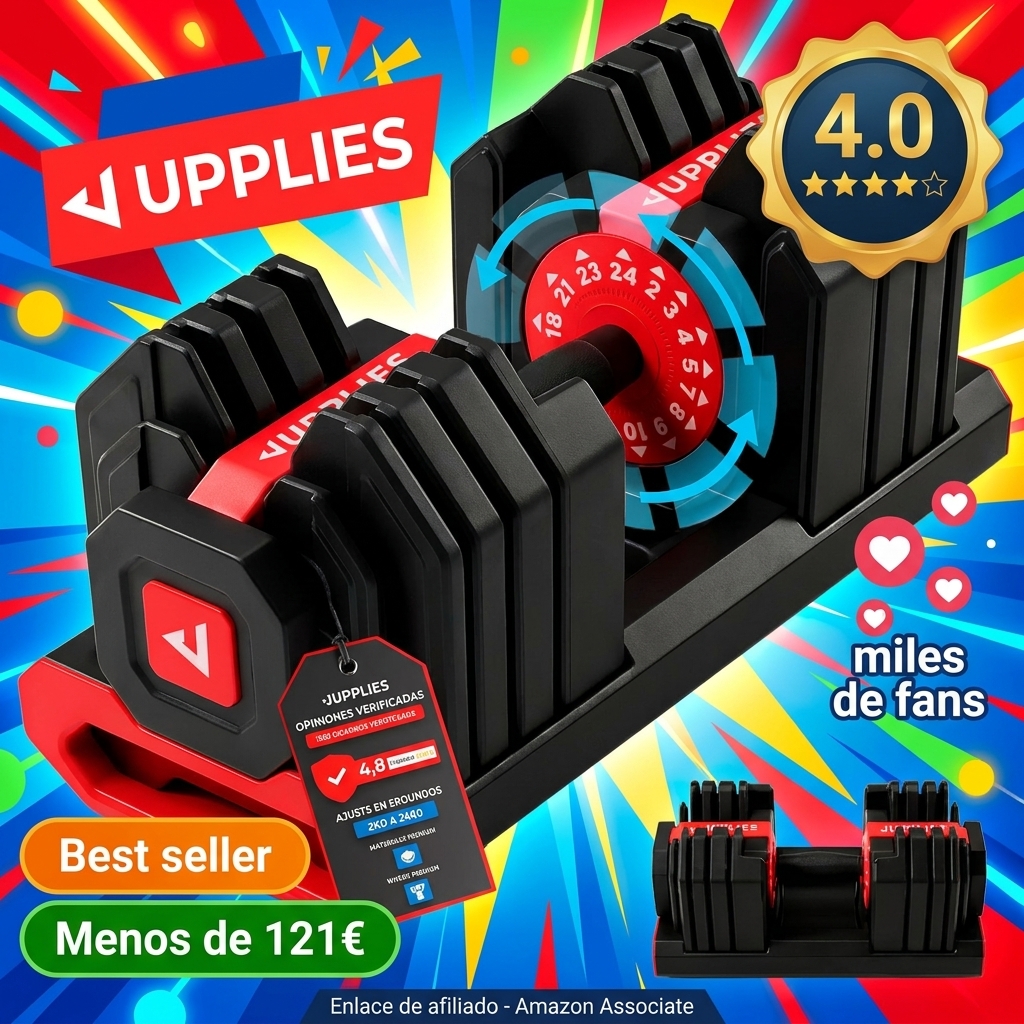 JUPPLIES Mancuerna Ajustable Hasta 24 kg – Pesas Regulables 15 Niveles 2–24 kg con Ajuste Rápido, Bloqueo de Seguridad y Base Antideslizante, Ideal para Entrenamiento en Casa o Gimnasio