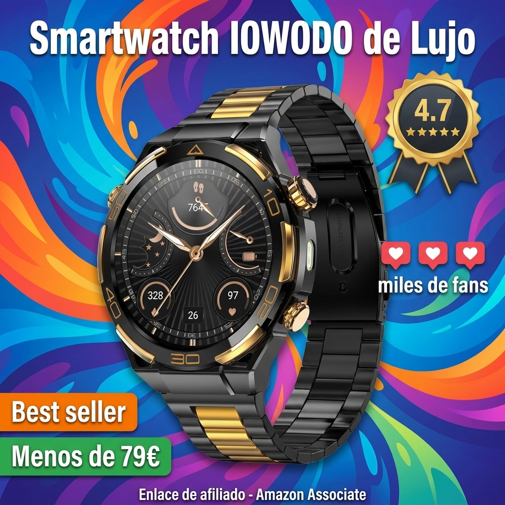IOWODO Reloj Inteligente Hombre Lujo, Smartwatch 1.43" AMOLED con GPS y Llamadas Bluetooth, Chapado 14K, Linterna y Brújula, 20 Días Batería, Monitor Salud, 327 Esferas,100+ Deportes, IP68, 2 Correas