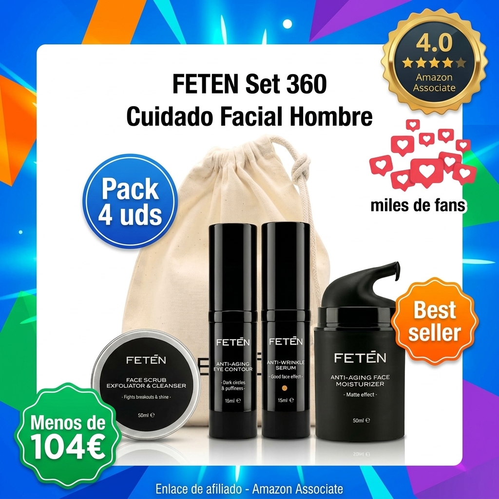 FETEN Set 360 Cuidado Facial Hombre - Pack Regalo Hombre 4 en 1 con Exfoliante, Sérum Antiarrugas con Vitamina C, Crema Hidratante y Contorno de Ojos Antiojeras