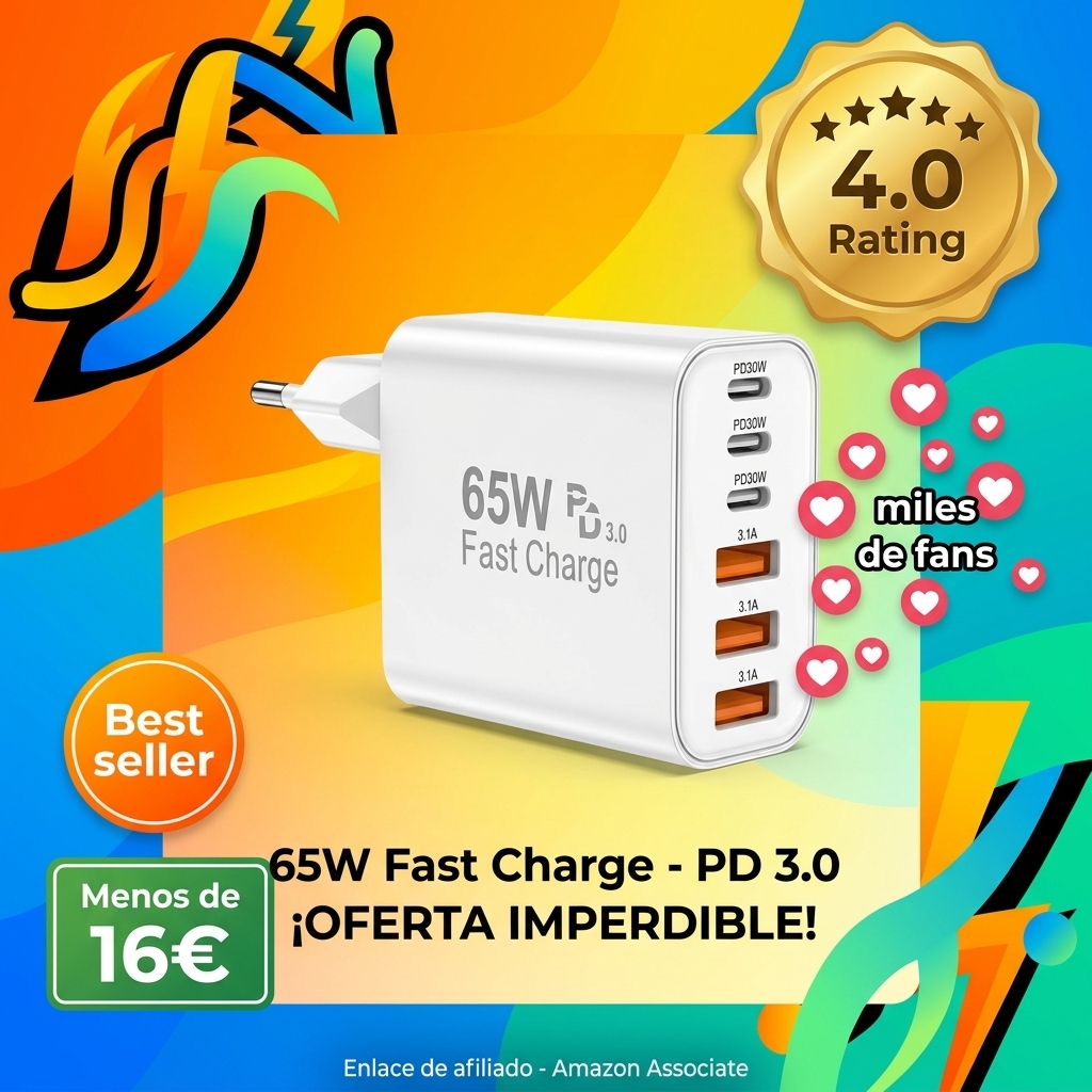 BSTOEM Cargador Carga Rapida USB C 65W 6 Puertos rapido, Múltiple 25W (MAX) Rápido Enchufe Adaptador, Tipo C Movil para iPhone 17 16 15 14 13 12 11 Plus Pro MAX X XS XR, para iPad, para Samsung Charger